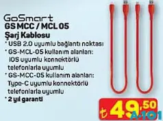 GOSMART GS MCC / MCL 05 ŞARJ KABLOSU GOSMART GS MCC / MCL 05 ŞARJ KABLOSU